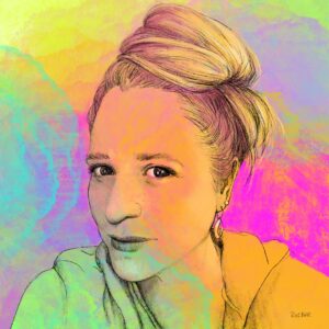 Self portrait of the artist, Rochelle W Carr, in bright, neon tones.