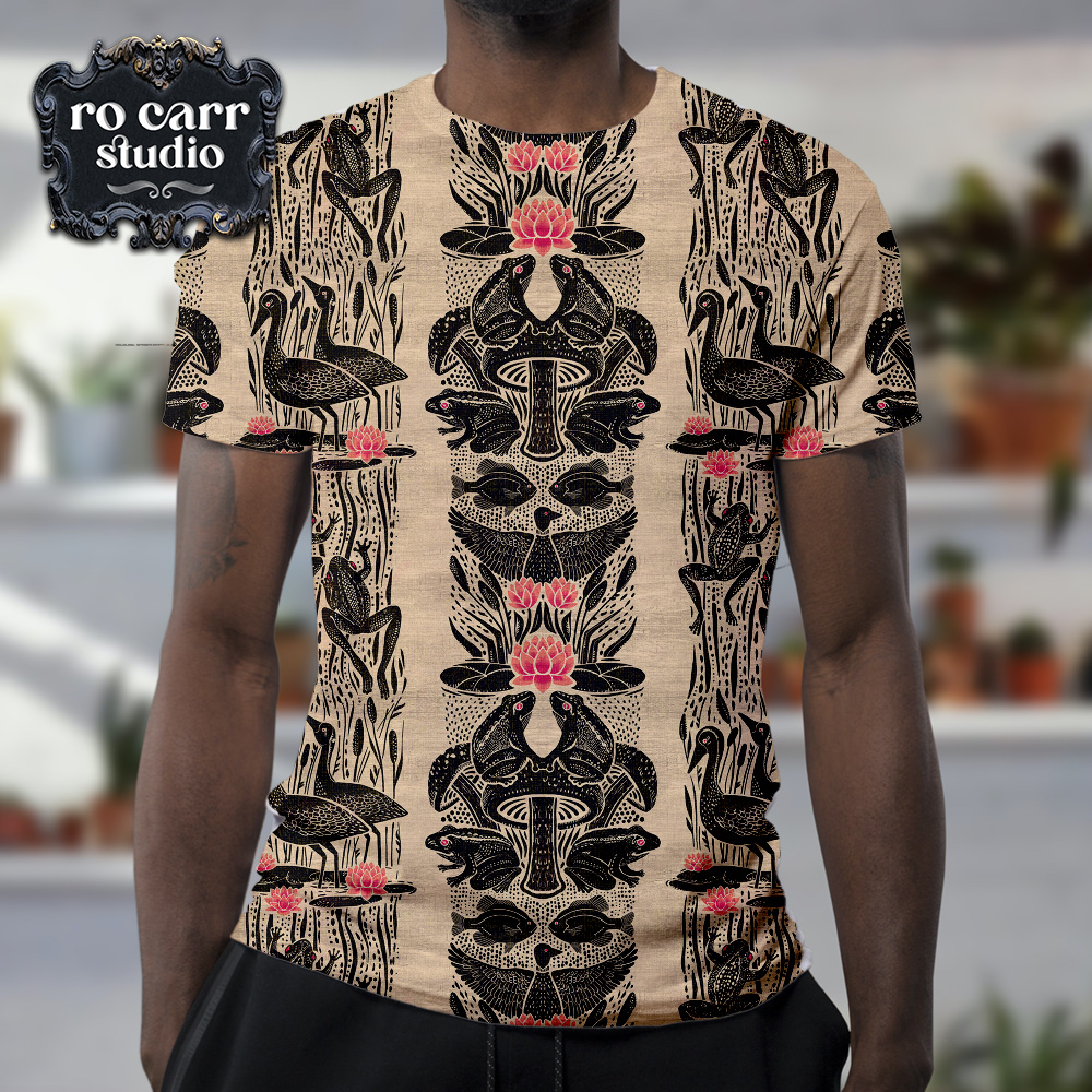 African American man standing in a street scene modeling a tee shirt featuring the Louisiana Bullfrog Fete seamless pattern