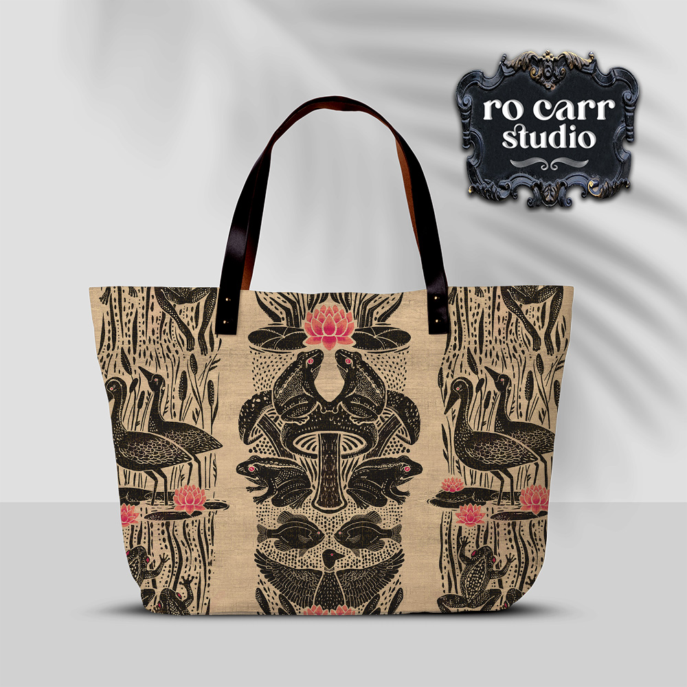 Photo of a tote bag printed with the Louisiana Bullfrog Fete seamless pattern.