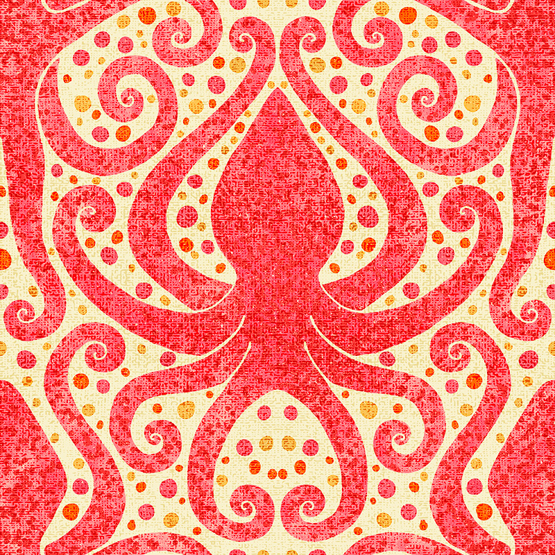 Seamless repeat with pink octopus and confetti dots.