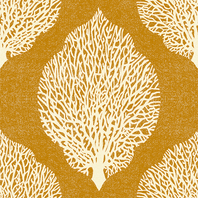Seamless repeat of coral in shape of leaf in cream on golden background.