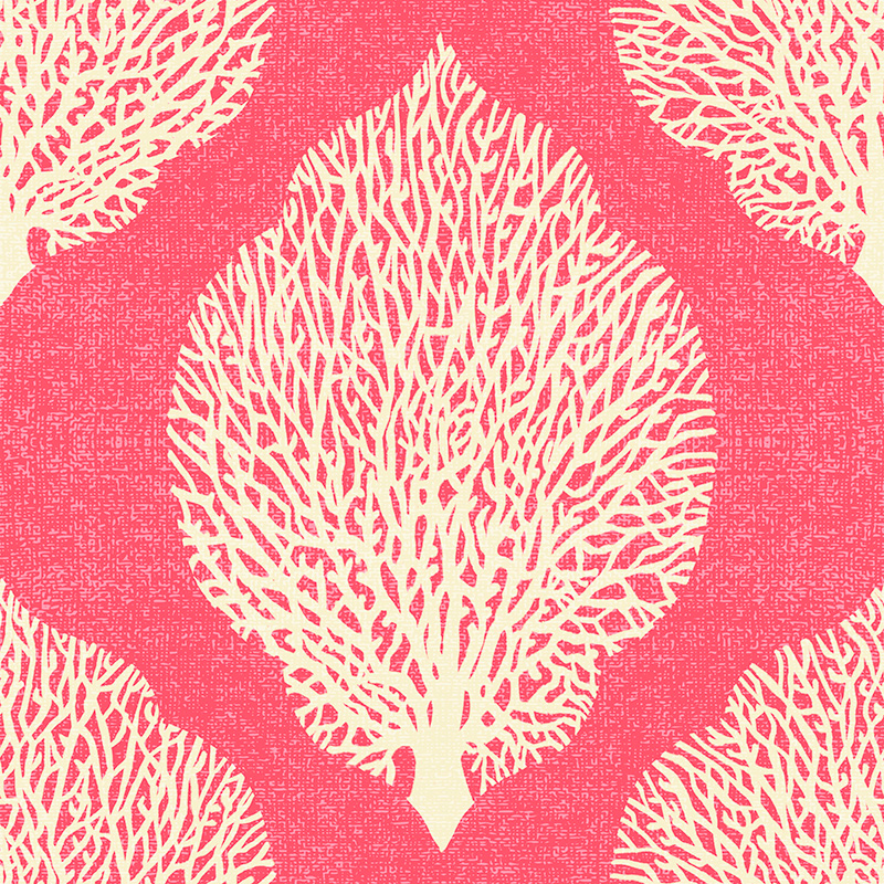 Seamless repeat of coral in shape of leaf in cream on bright pink.