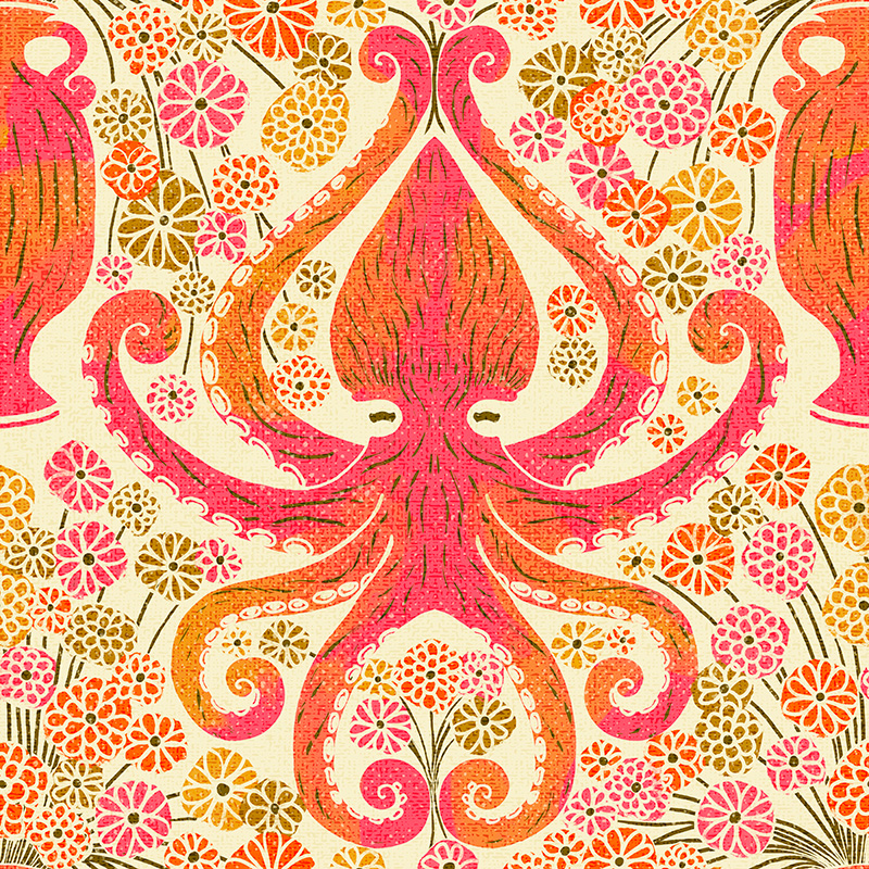 Seamless repeating design with pink octopus and urn with multicolored flowers.