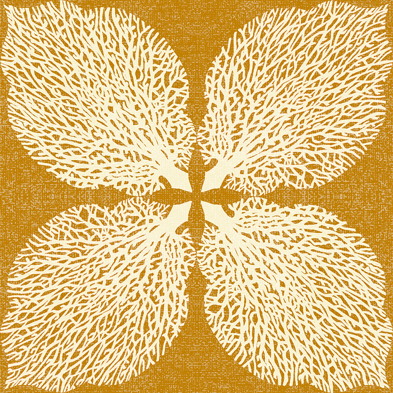 Coral in the shape of a leaf, arranged as a clover in white and gold.