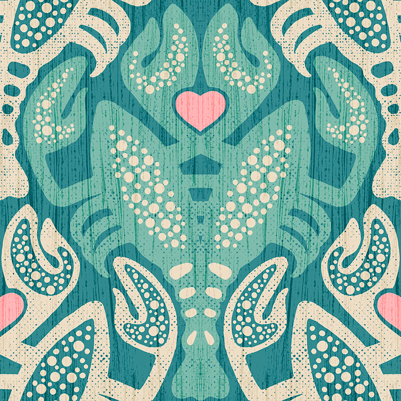 Crustaceancore pair of lobsters in love in aqua, pink and off white in an interlocking seamless pattern