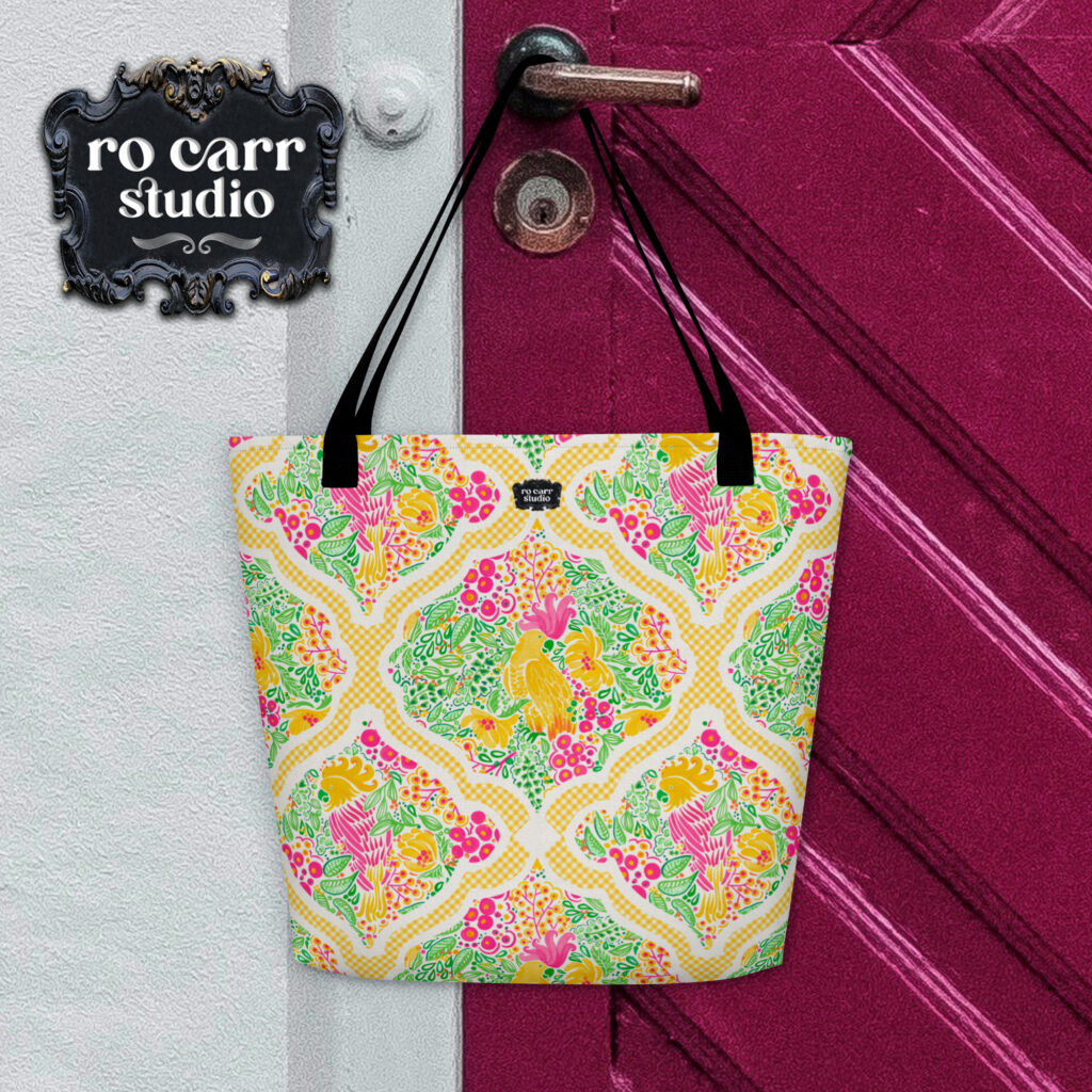 Tote bag hanging on a doorknob, displaying fabric design, Preppy Palm Beach Garden Party