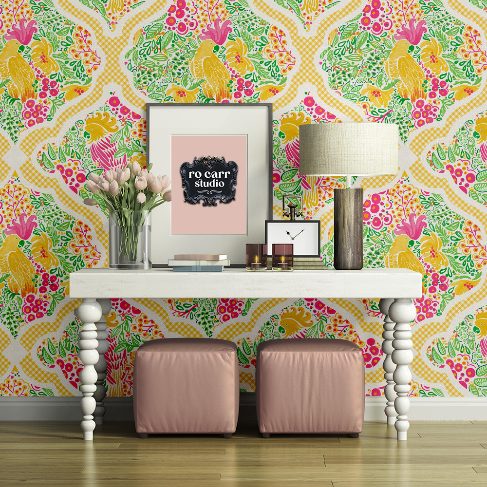 Wallpaper displaying design Preppy Palm Beach Garden Party, in pretty foyer with small table and two ottomans.