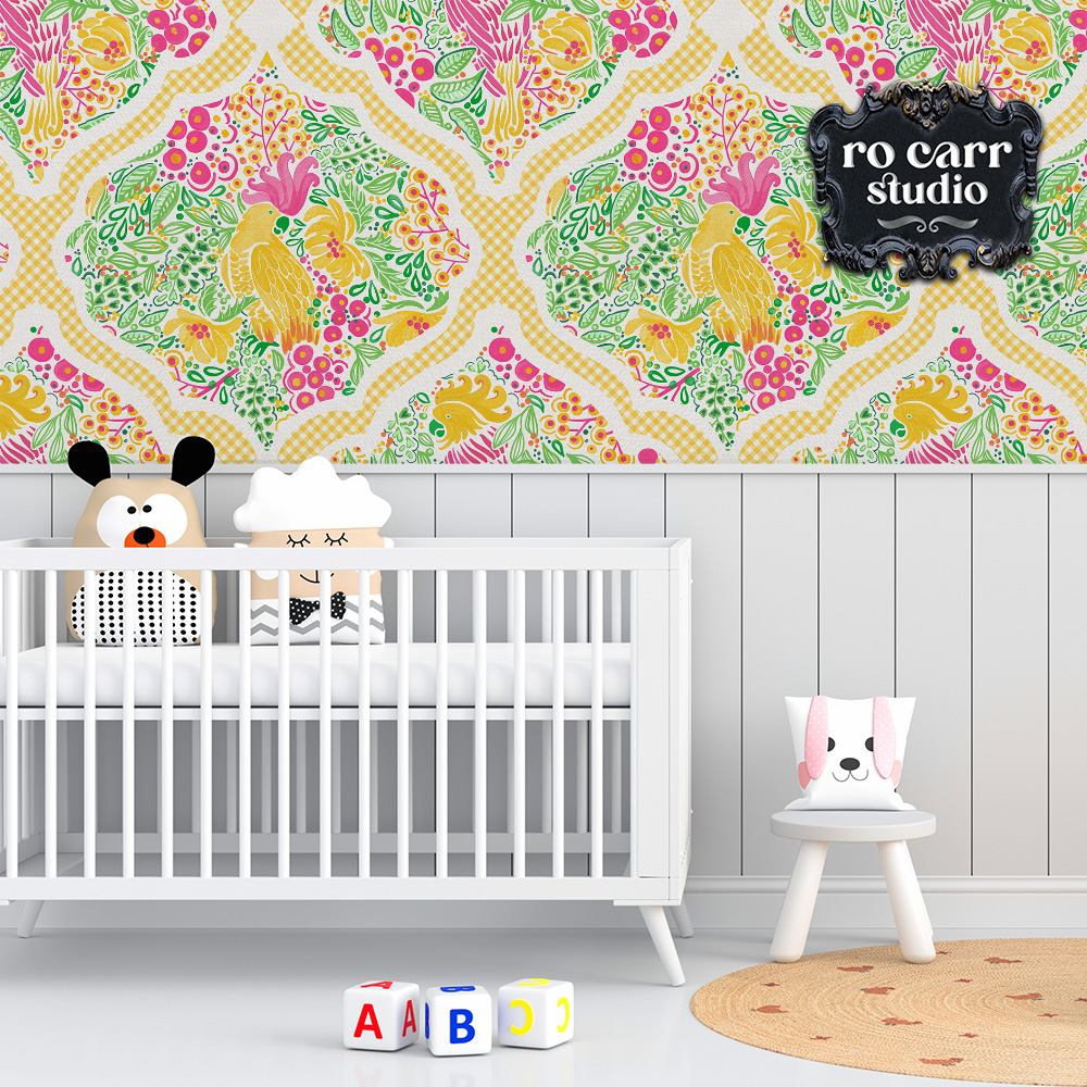 Wallpaper displaying design Preppy Palm Beach Garden Party, displayed in baby's room with white crib and toys.