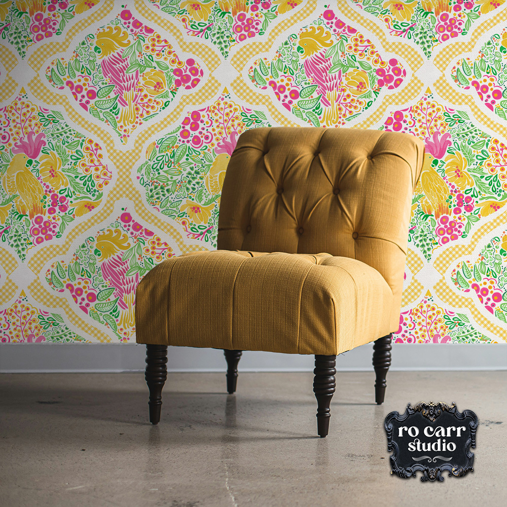 Wallpaper displaying design Preppy Palm Beach Garden Party, displayed in minmalist room with a yellow chair.