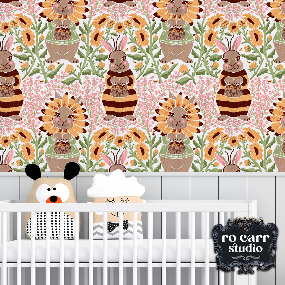 Busy Bunny Bee wallpaper shown on the wall of a nursery.