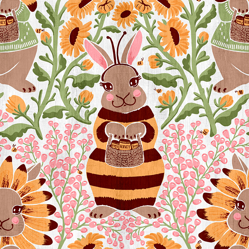 Repeating pattern for children featuring bunnies in bee and flower costumes.