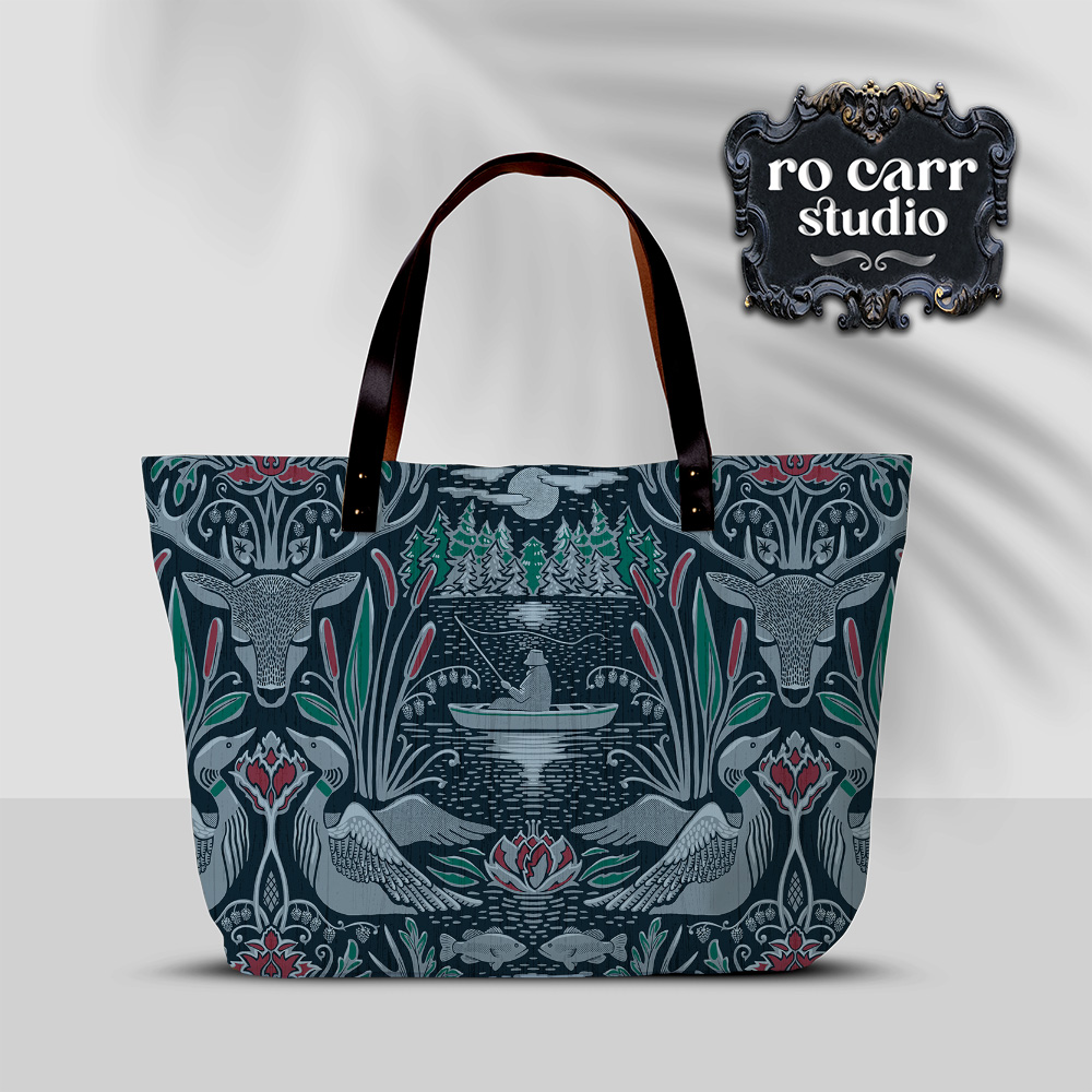 Mockup of large tote bag printed with seamless pattern.