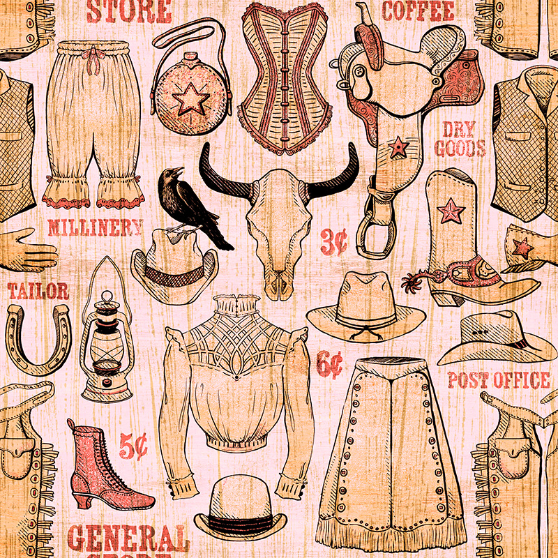 Repeating pattern featuring items from victorian era old west Americana including cowboy boots, hats, chaps and a raven.