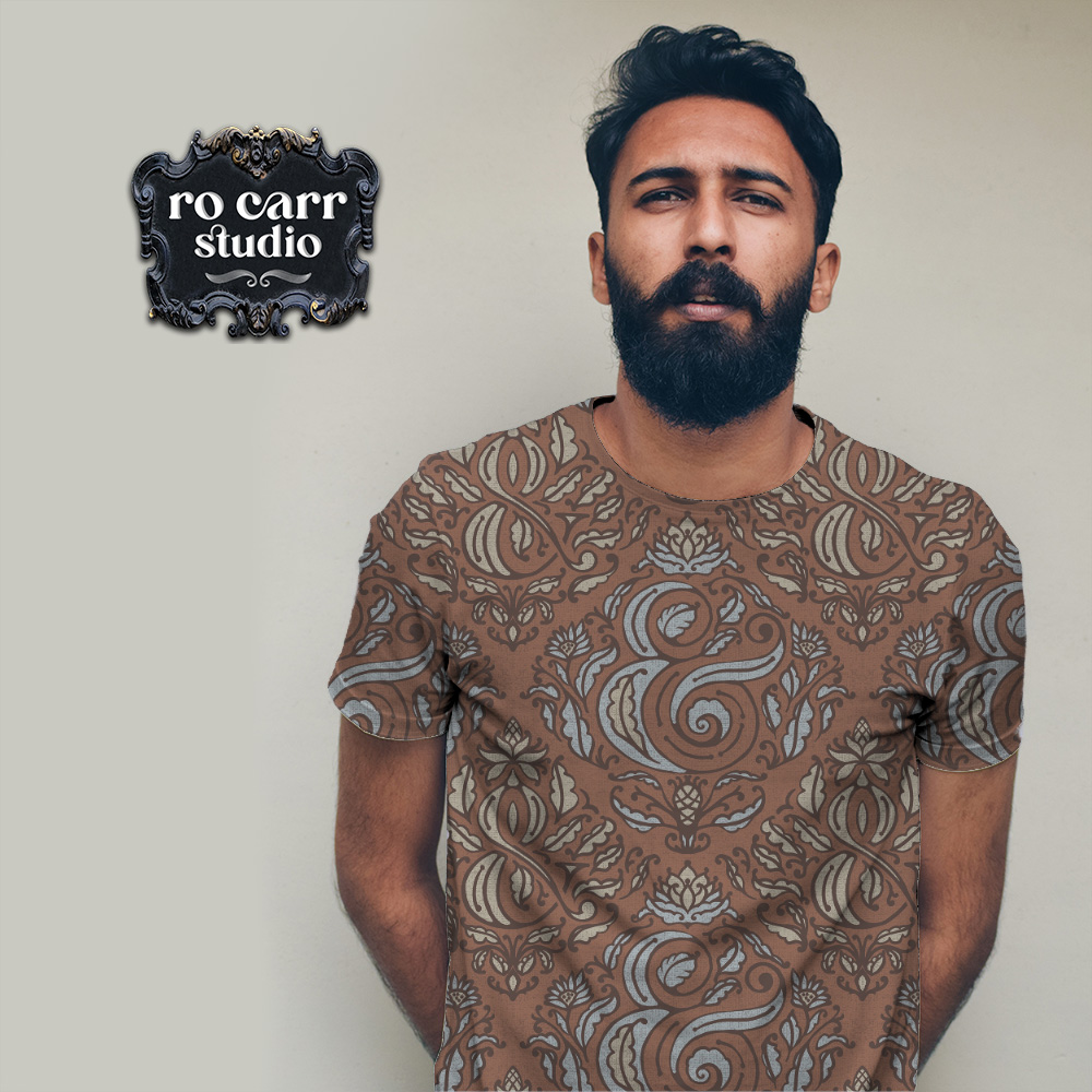 Man wearing tee printed with Ampersand fabric.