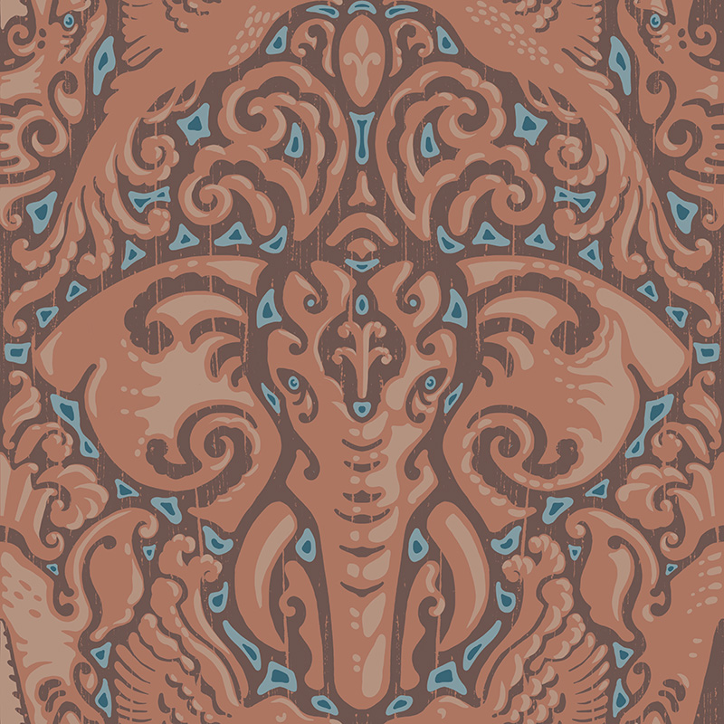 Repeating damask pattern featuring elephants, rhinos and birds.