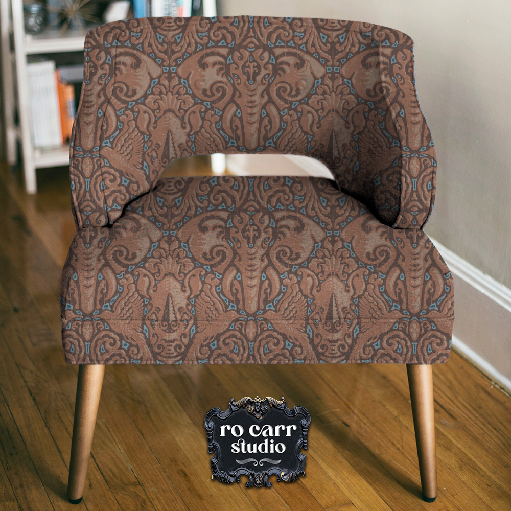 Modern occasional chair upholstered with Kalahari Safari damask.