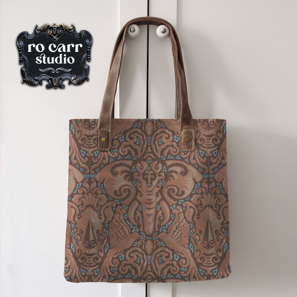 Tote bag printed with Kalahari Safari damask.