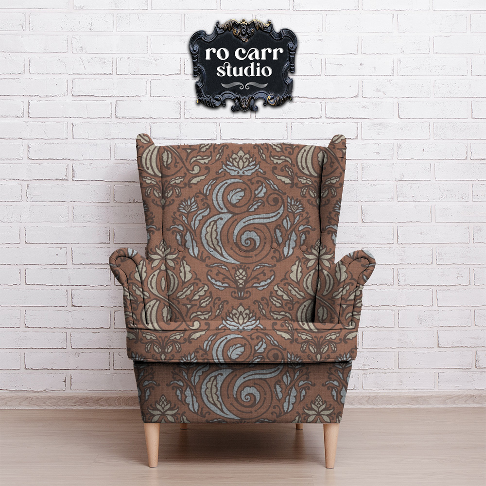 Mockup of armchair upholstered with Ampersand Damask.