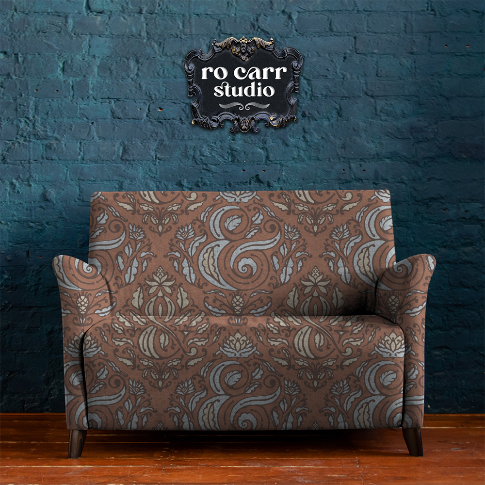 Mockup of loveseat upholstered with Ampersand repeating pattern.