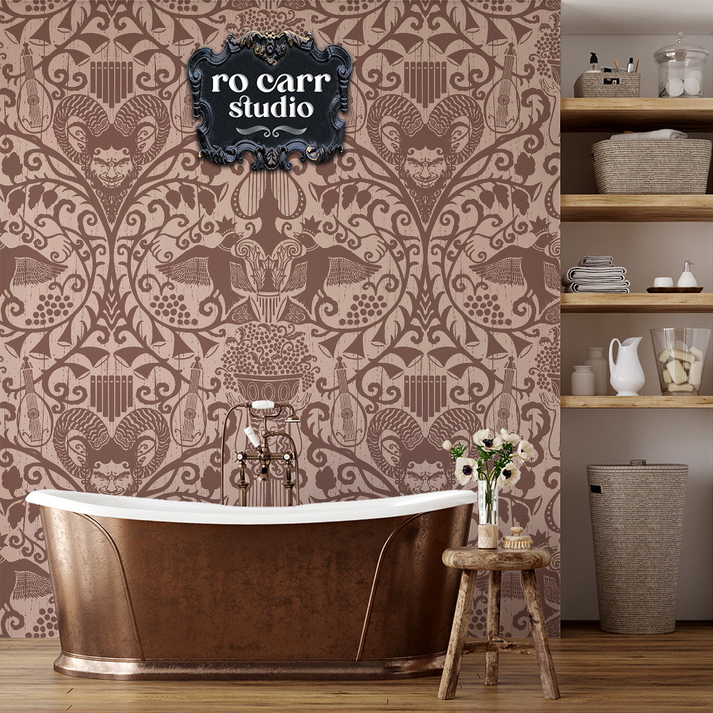 Elegant bathroom featuring Bacchanalia wallpaper.