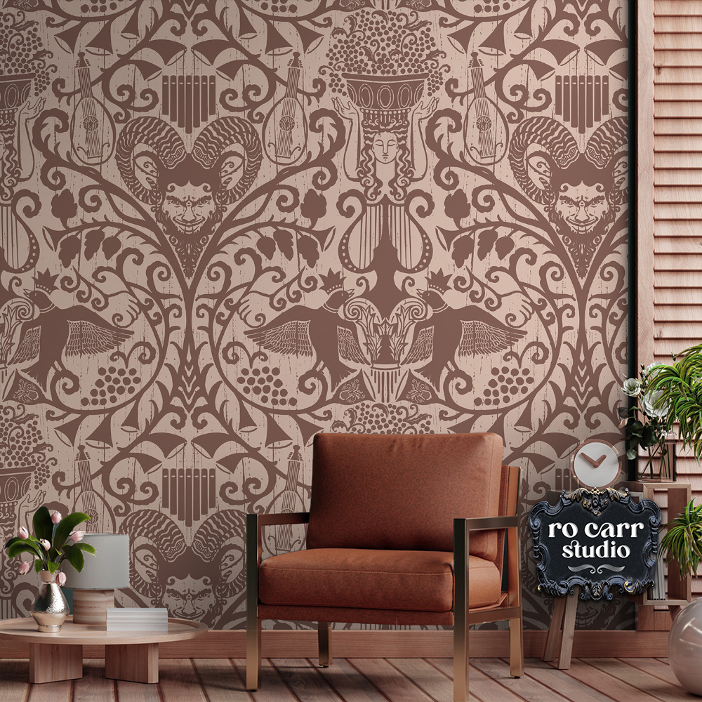 Modern sitting room featuring Bacchanalia wallpaper.