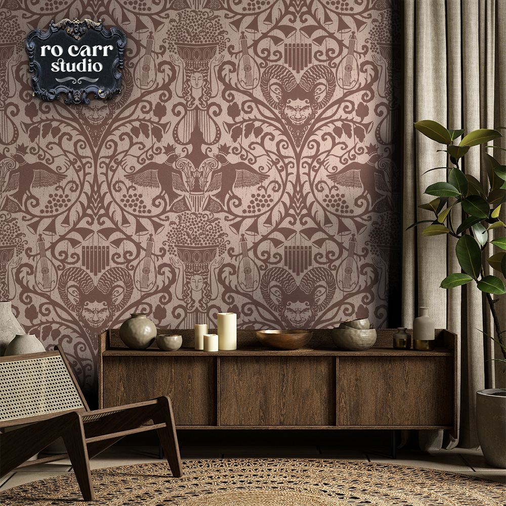 Den featuring Bacchanalia wallpaper.