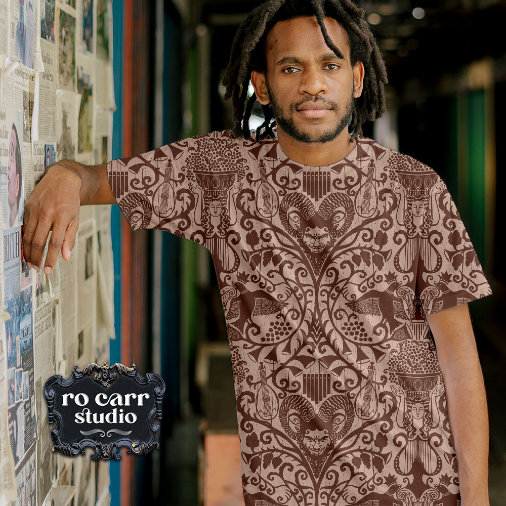 Young man wearing tee shirt printed with the Bacchanalia pattern.