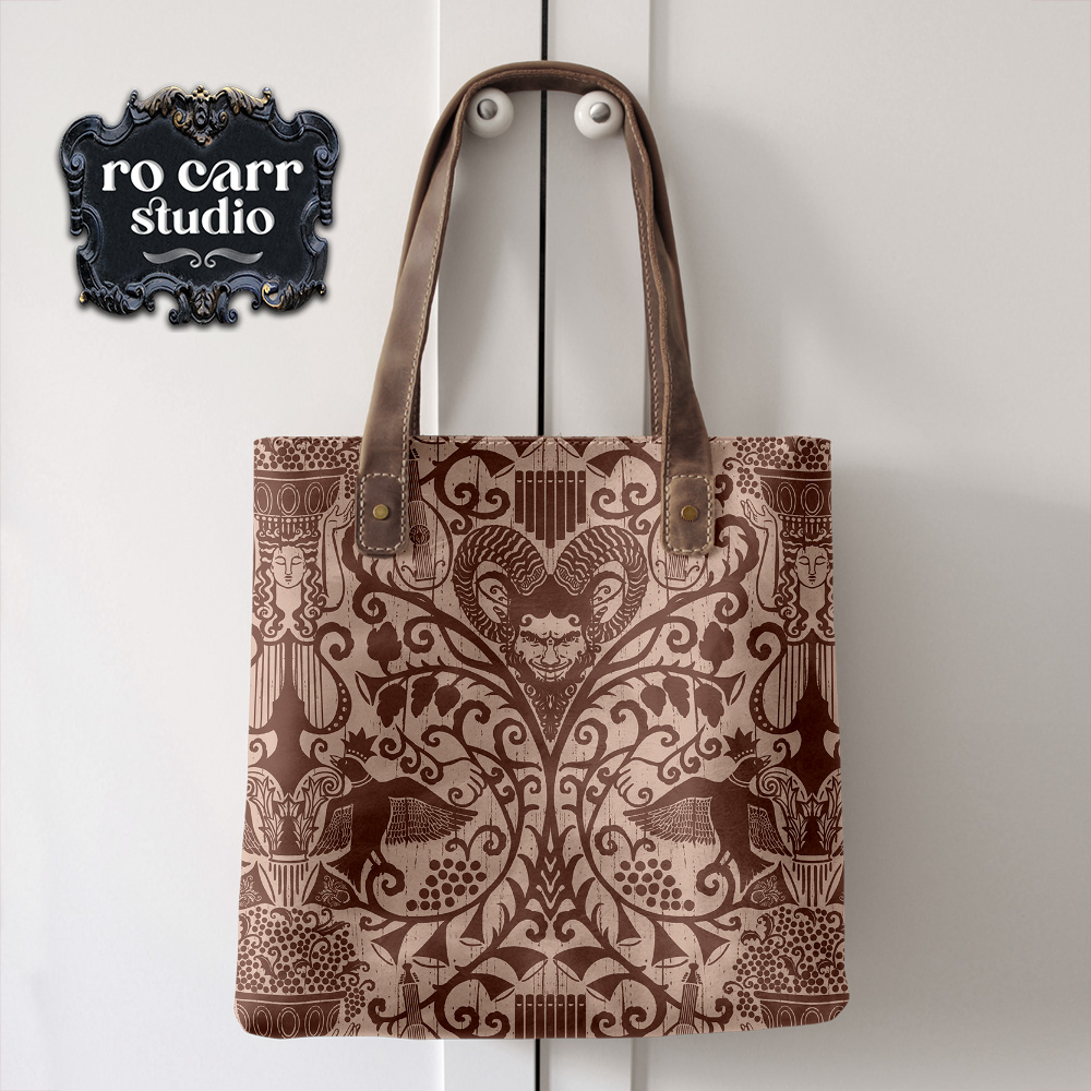 Mockup of tote bag featuring Bacchanalia fabric.