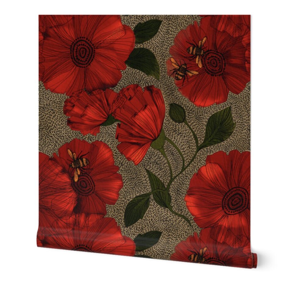 Wallpaper sample of Bees & Poppies design in red.