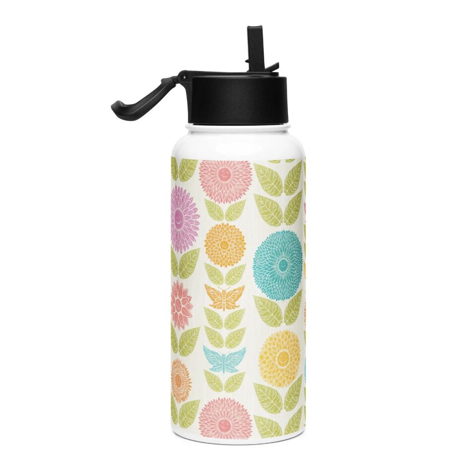 Plastic water bottle printed with Flirty Flowers & Friends design.