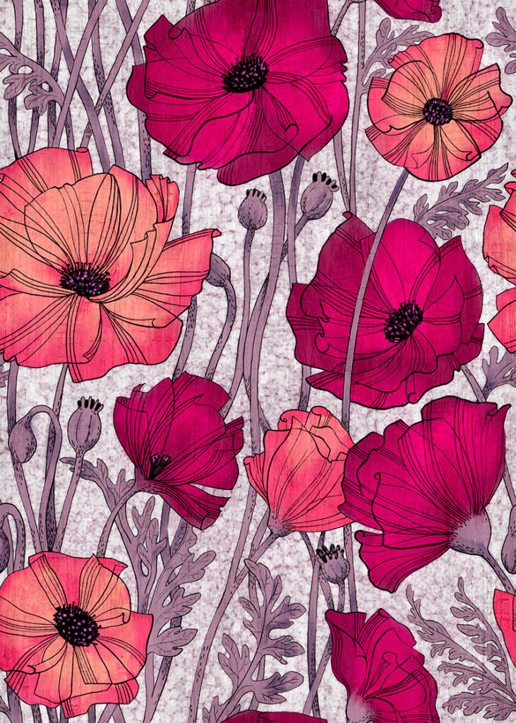 Seamless repeating graphic pattern featuring a tangle of poppy flowers.