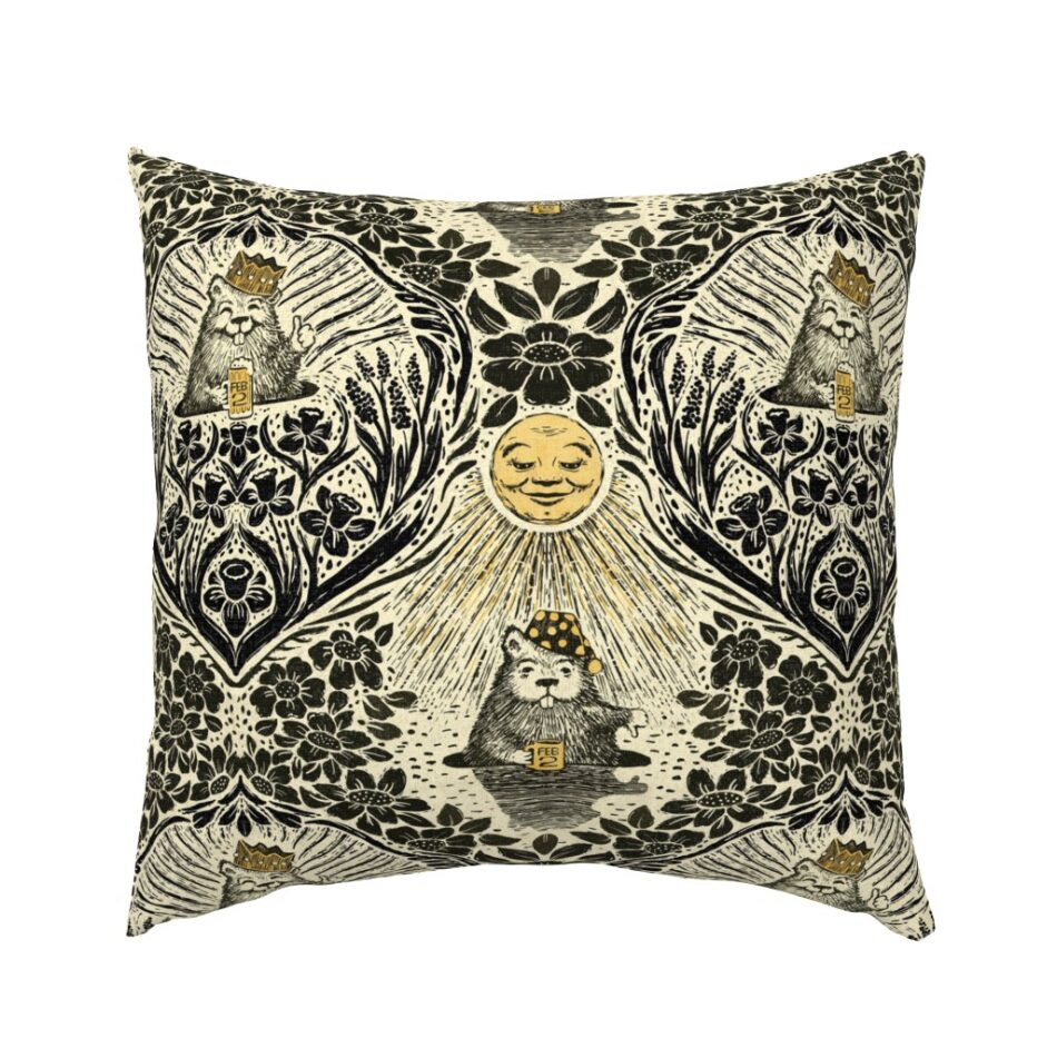 Groundhog Day Damask fabric available as a square cushion cover.