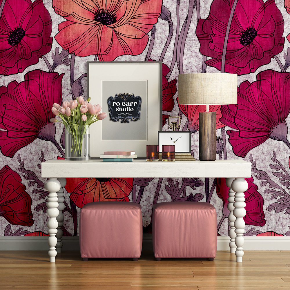 Mockup of foyer featuring A Tangle of Poppies wallpaper.