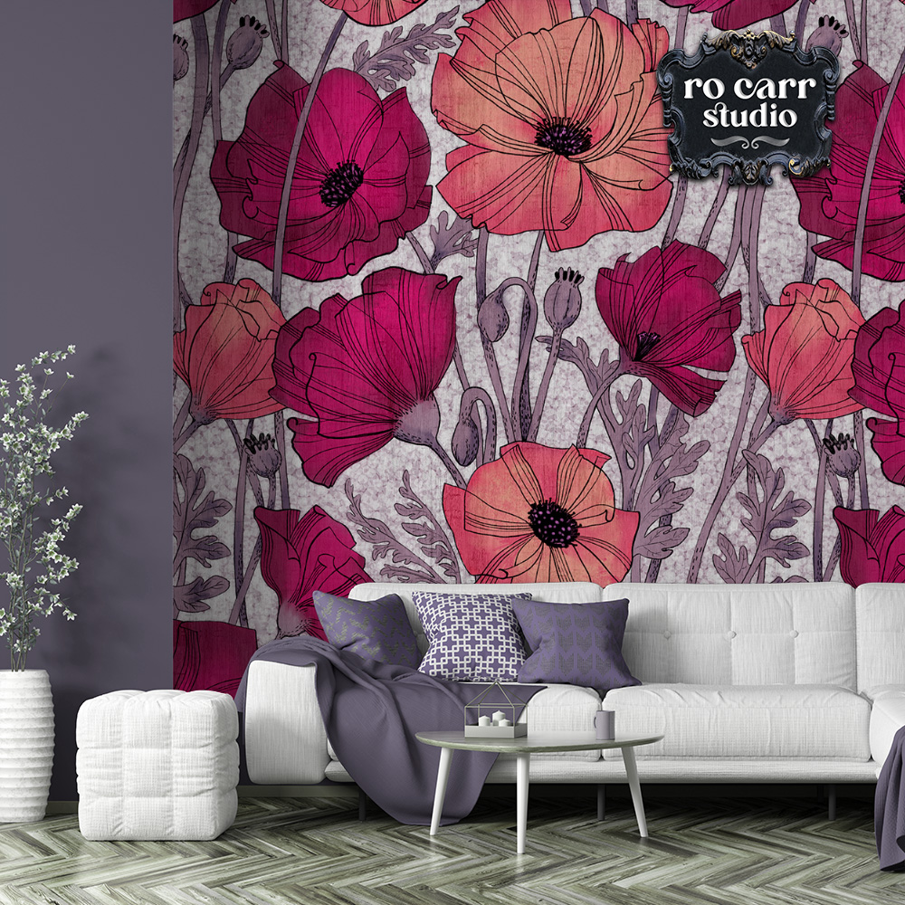 Mockup of wallpaper sample featuring A Tangle of Poppies.