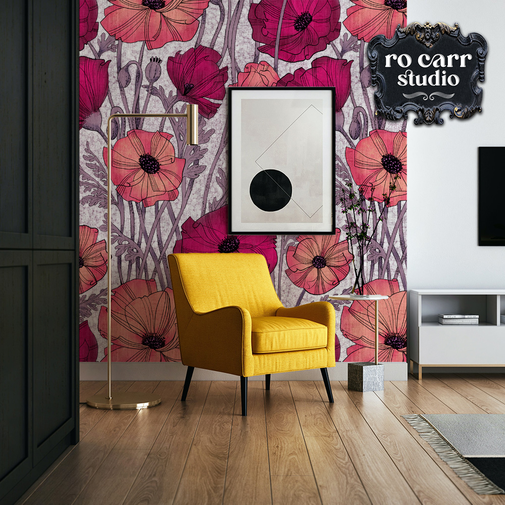 Mockup of wallpaper sample featuring A Tangle of Poppies with a yellow chair.