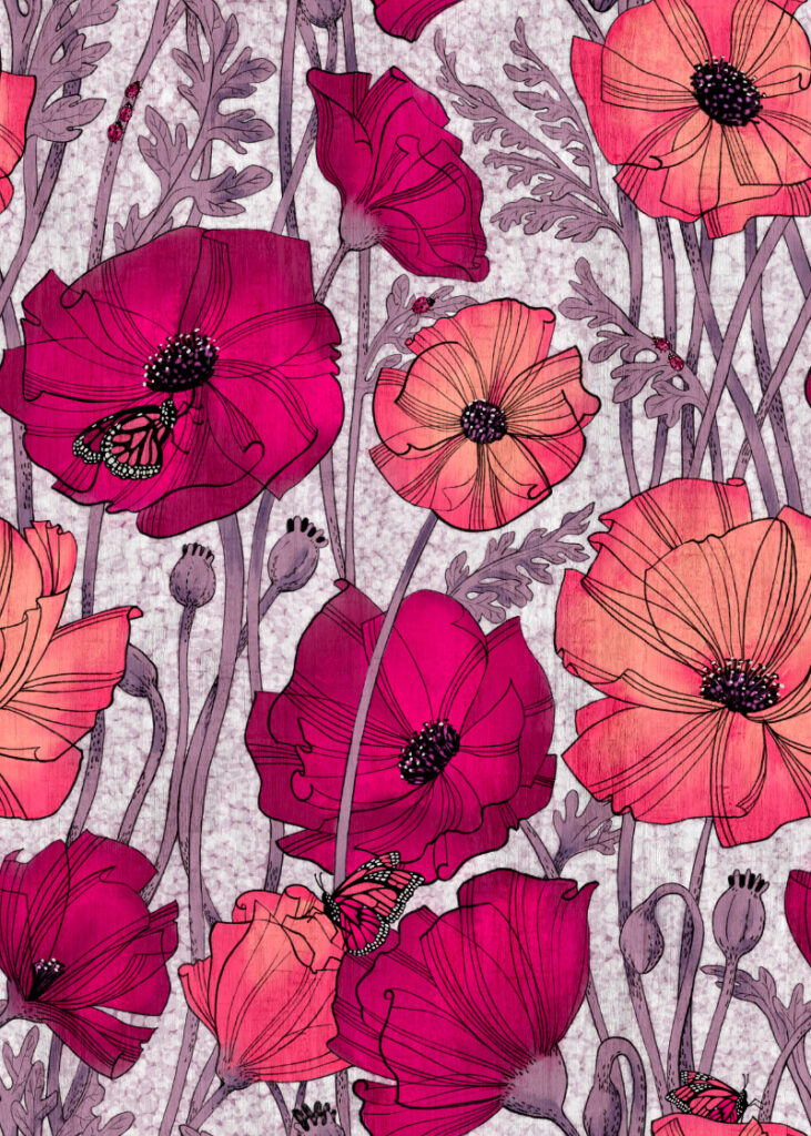 Seamless repeating graphic pattern featuring a tangle of poppy flowers, butterflies and ladybugs.