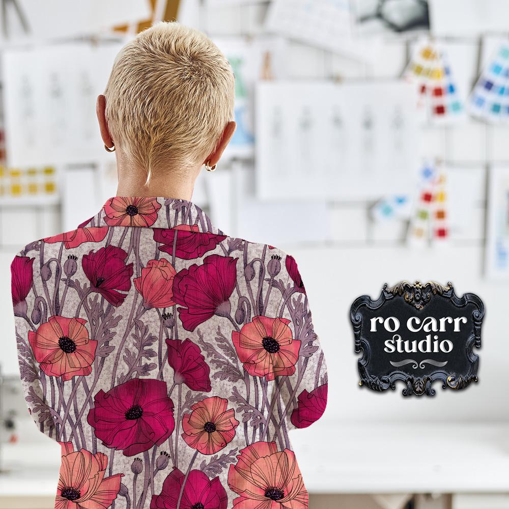 A Tangle of Poppies design shown in a mock up of a woman's jacket.