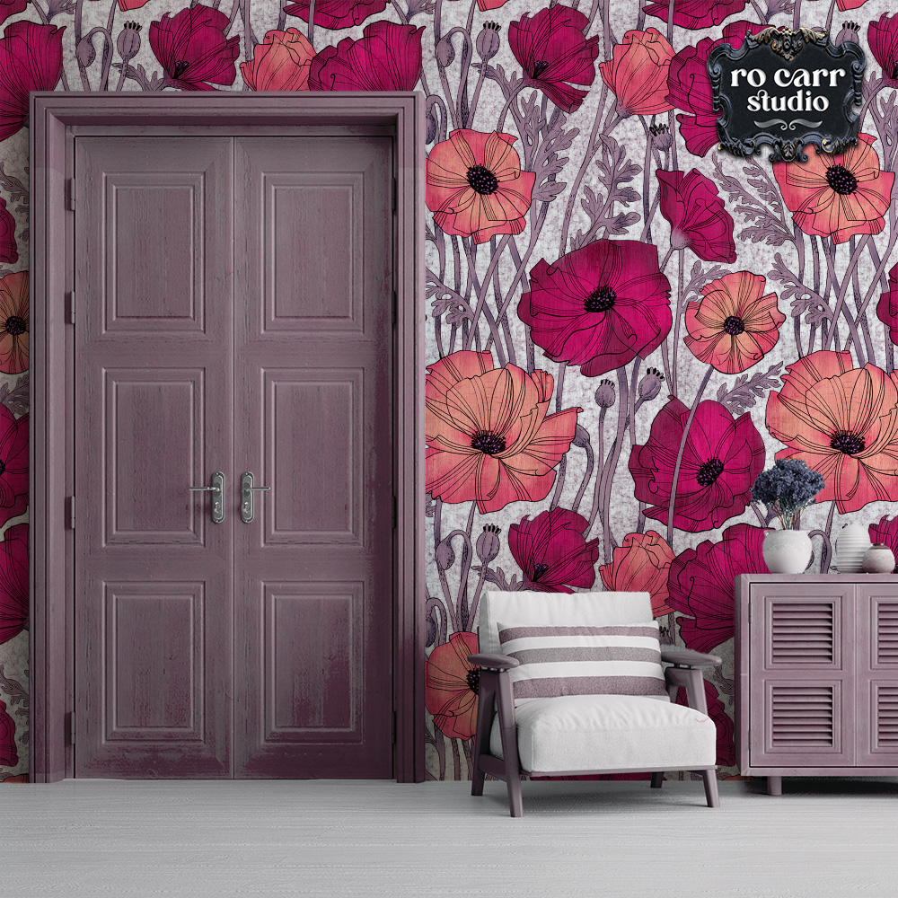 Mockup of wallpaper sample featuring A Tangle of Poppies in an entry way.