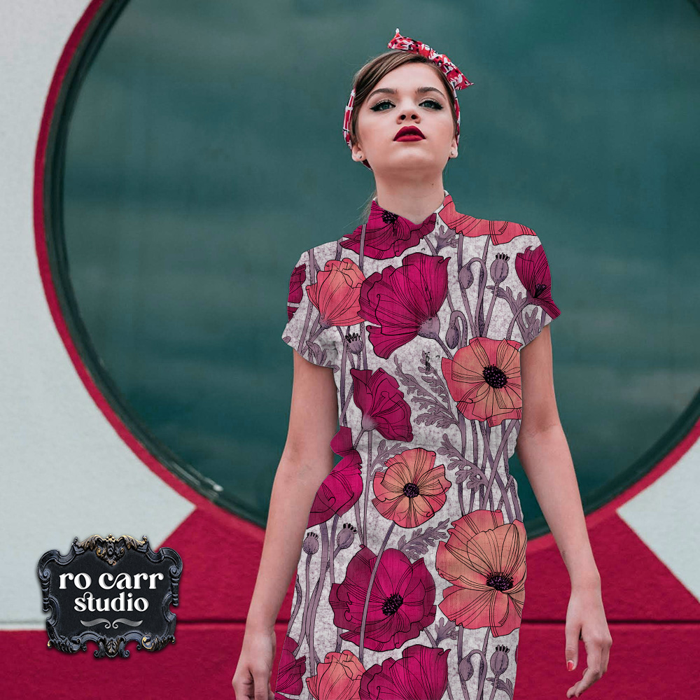 A Tangle of Poppies design shown in a mock up of a woman's chemise.