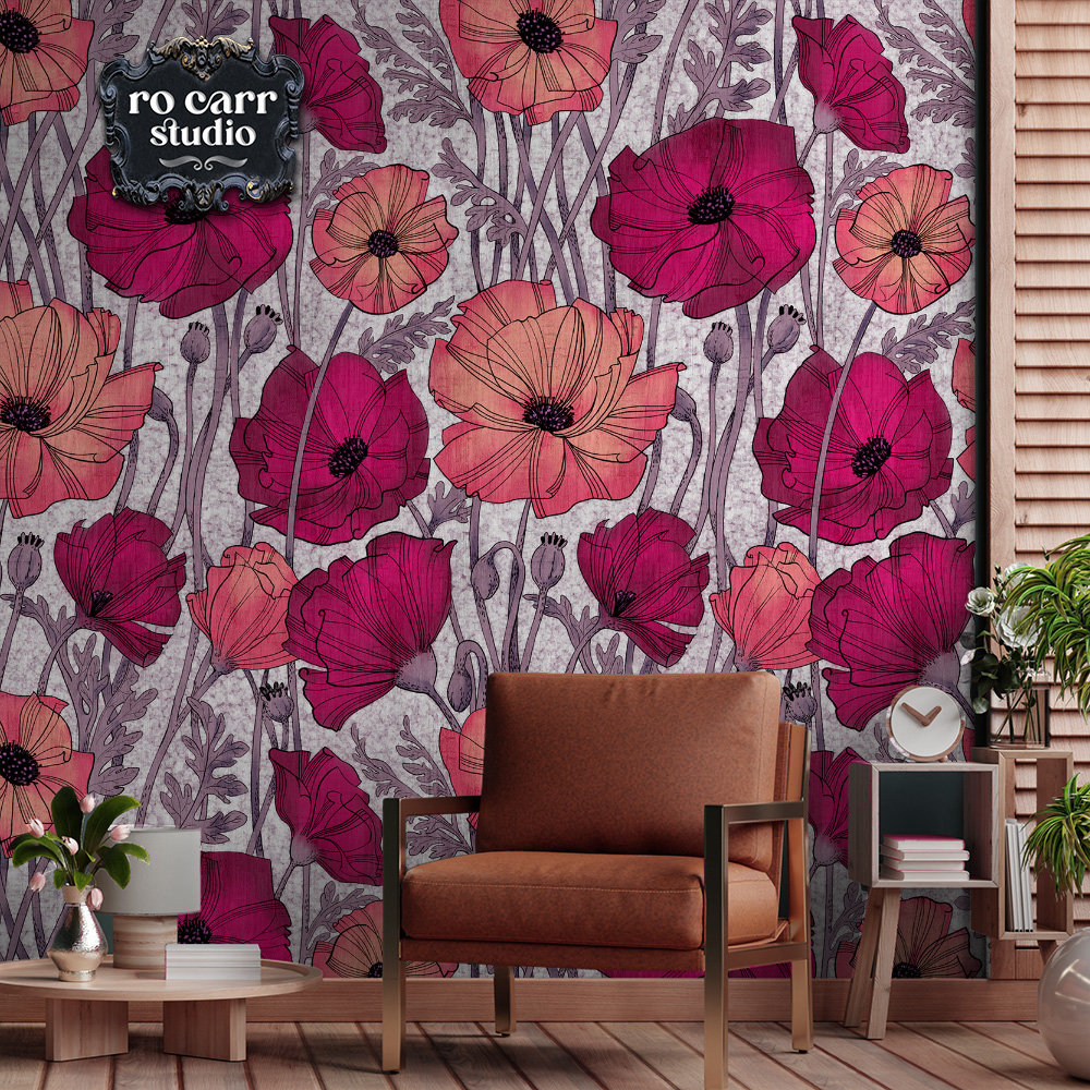 Mockup of wallpaper sample featuring A Tangle of Poppies in a sitting room.