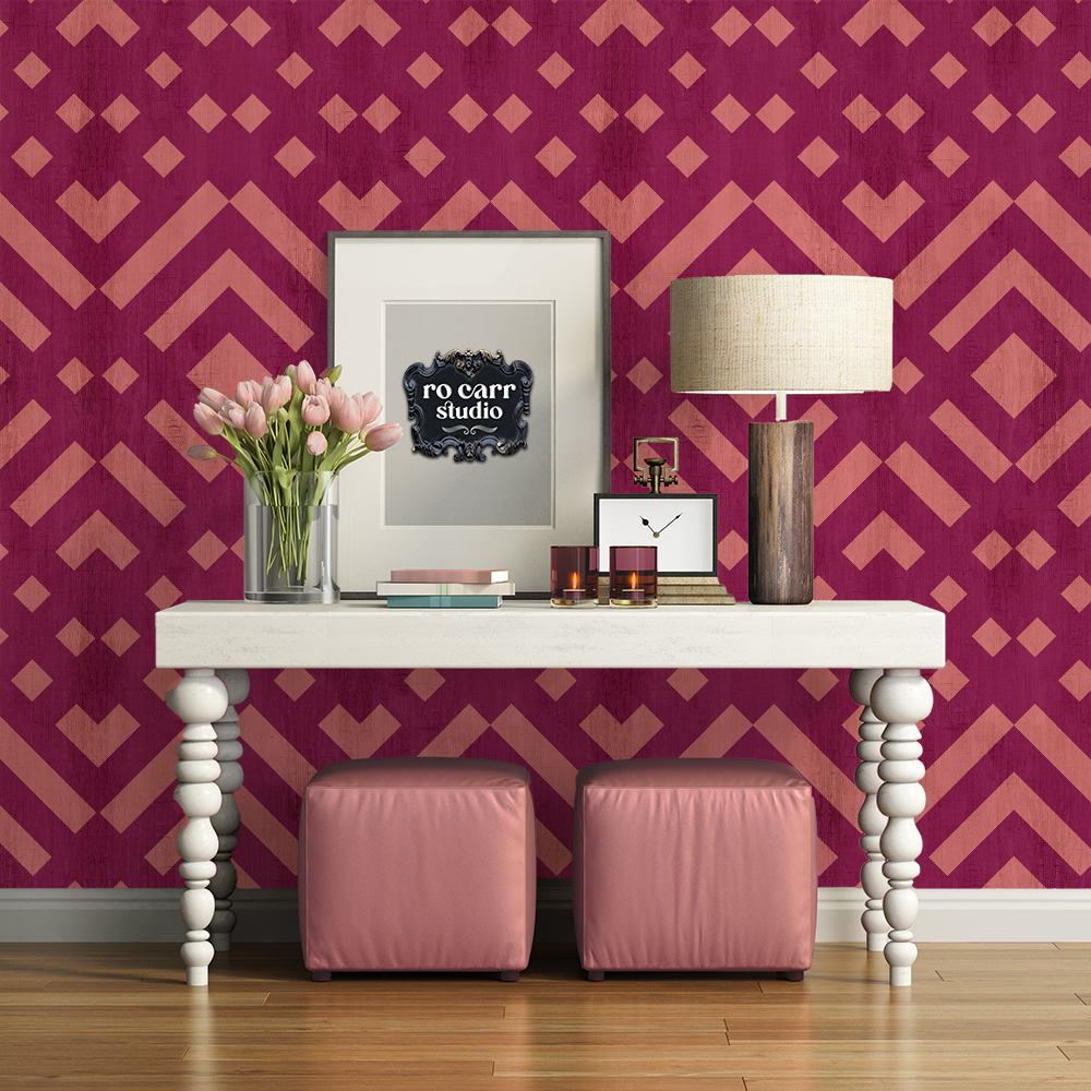 Mockup showing pattern as wallpaper in a foyer.