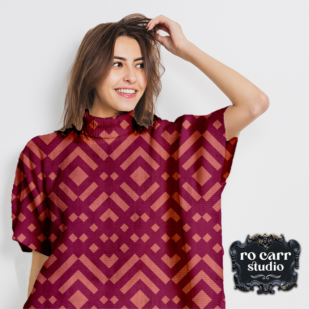 Mockup of young woman wearing a poncho printed with the Zig Zag pattern.