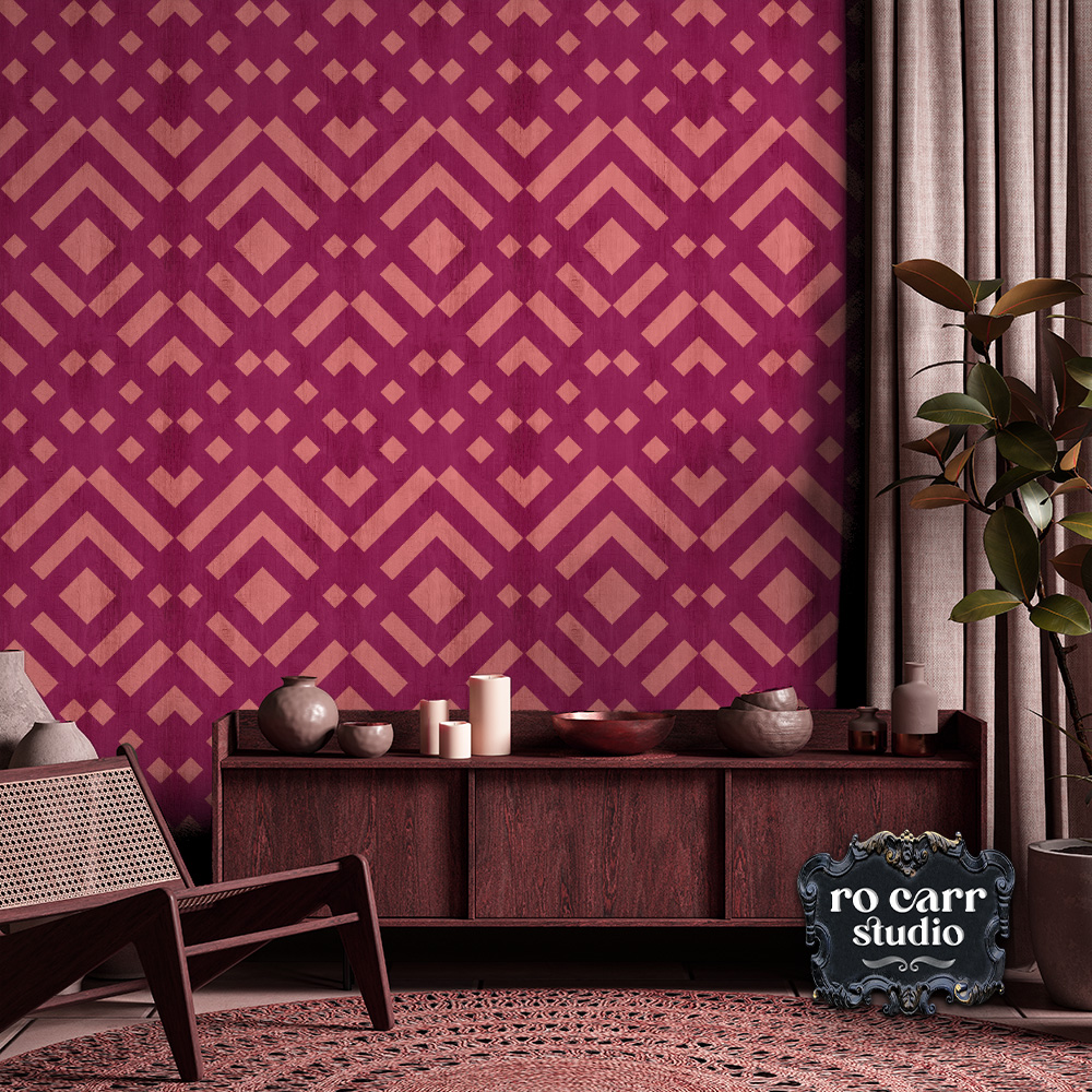 Mockup of a cozy sitting room with the zig zag pattern as wallpaper.