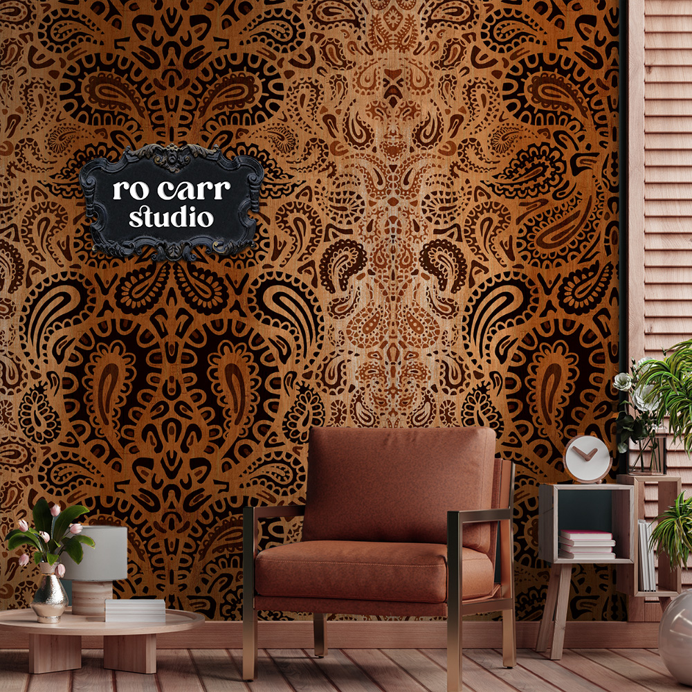 Leopard paisley pattern shown on wallpaper in sitting room.