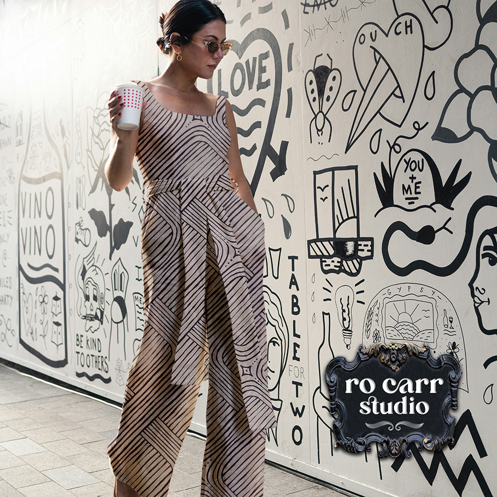 Mockup of fashionable woman wearing a jumpsuit in the pattern.