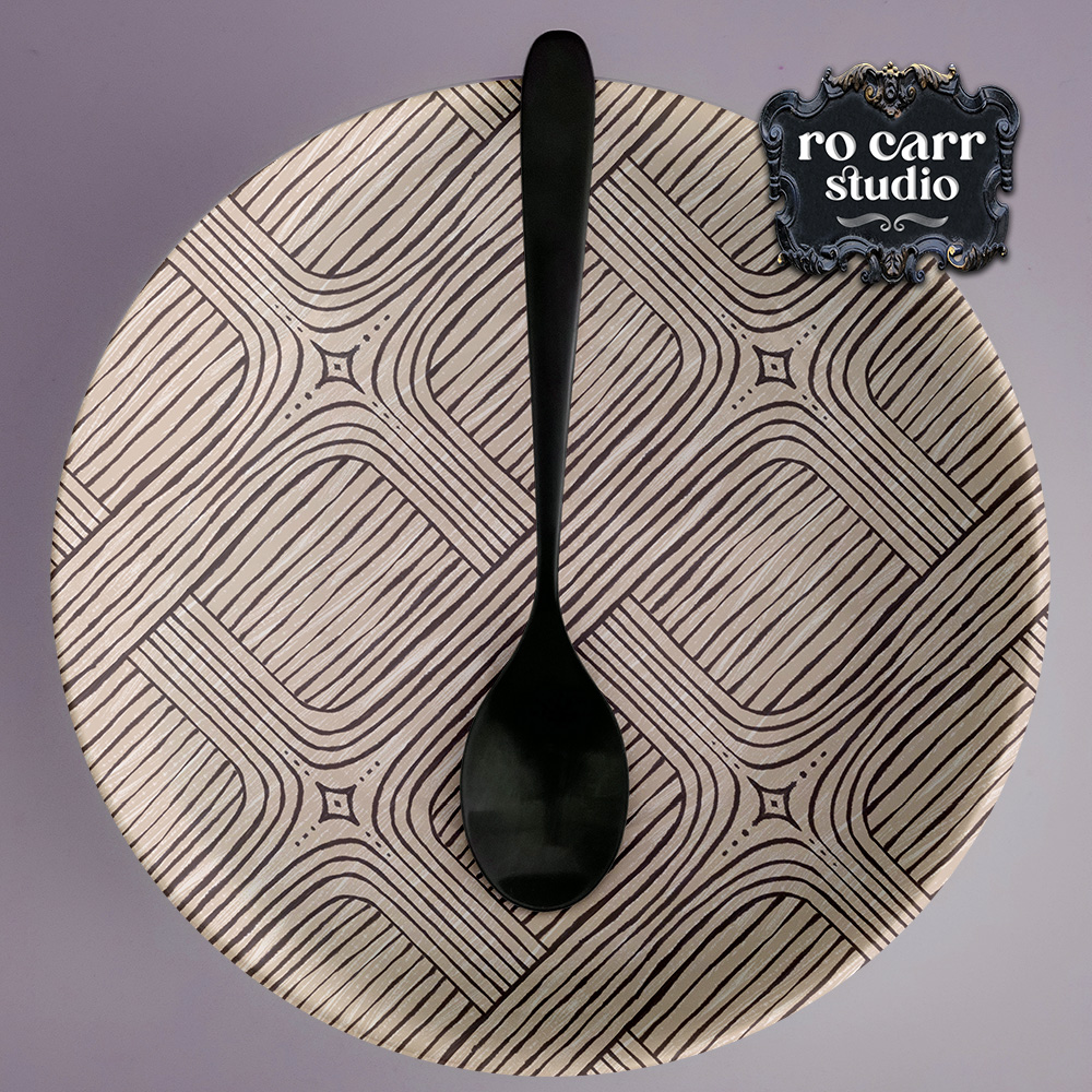 Mockup of dinner plate printed with the basketweave pattern.