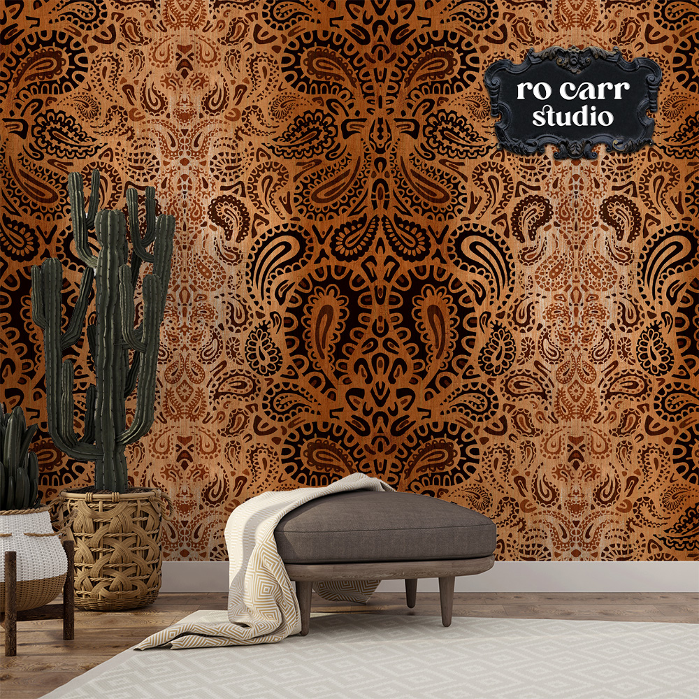 Leopard paisley pattern shown on wallpaper in southwestern sitting room.