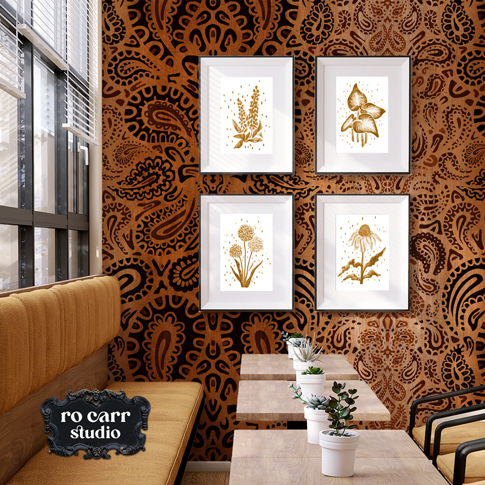 Leopard paisley pattern shown on wallpaper in living room.