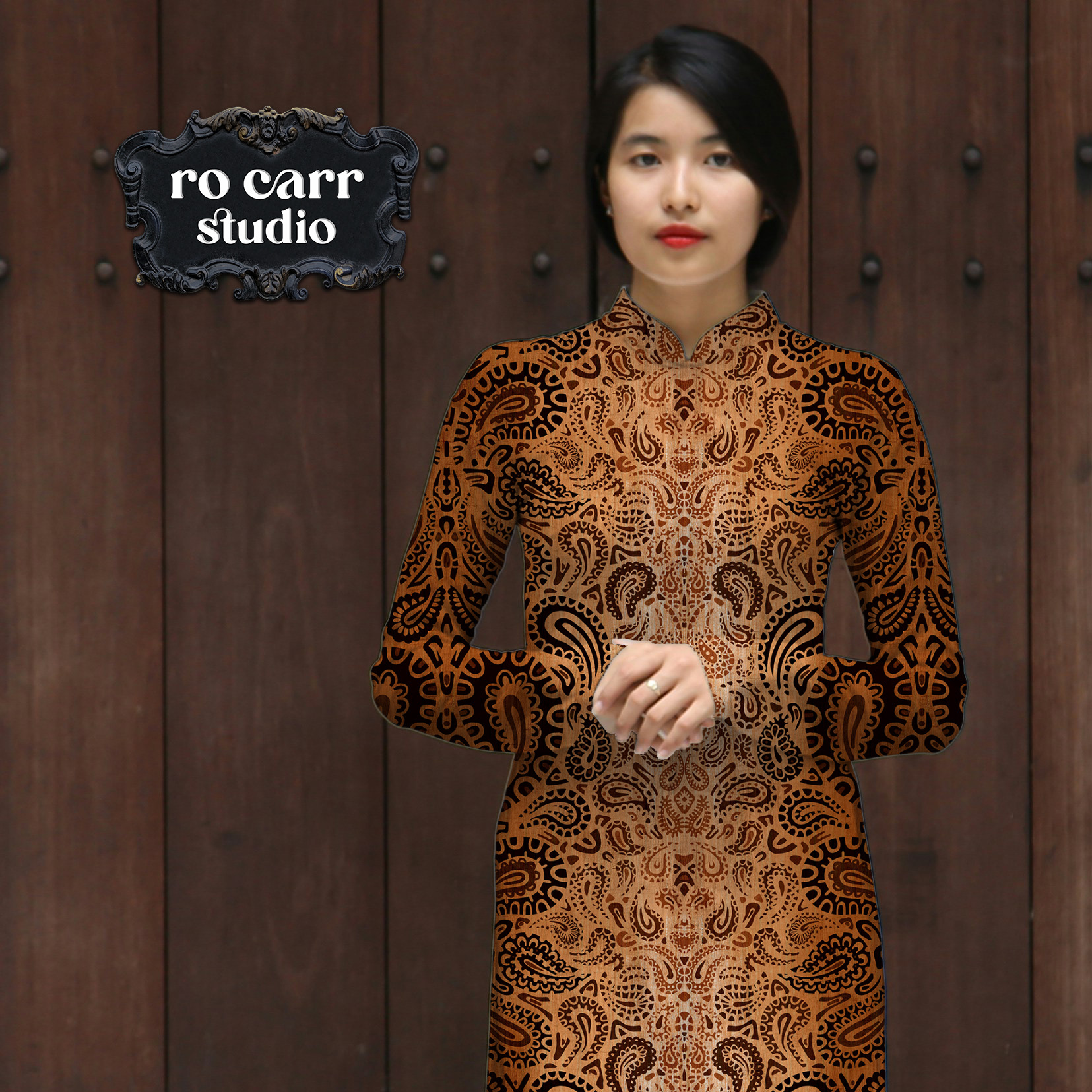 Leopard paisley fabric as a formal dress.