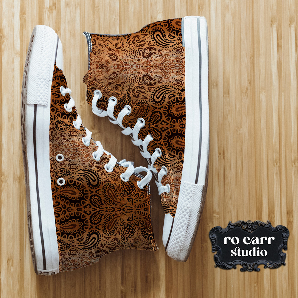 Leopard paisley fabric made into high top canvas sneakers.